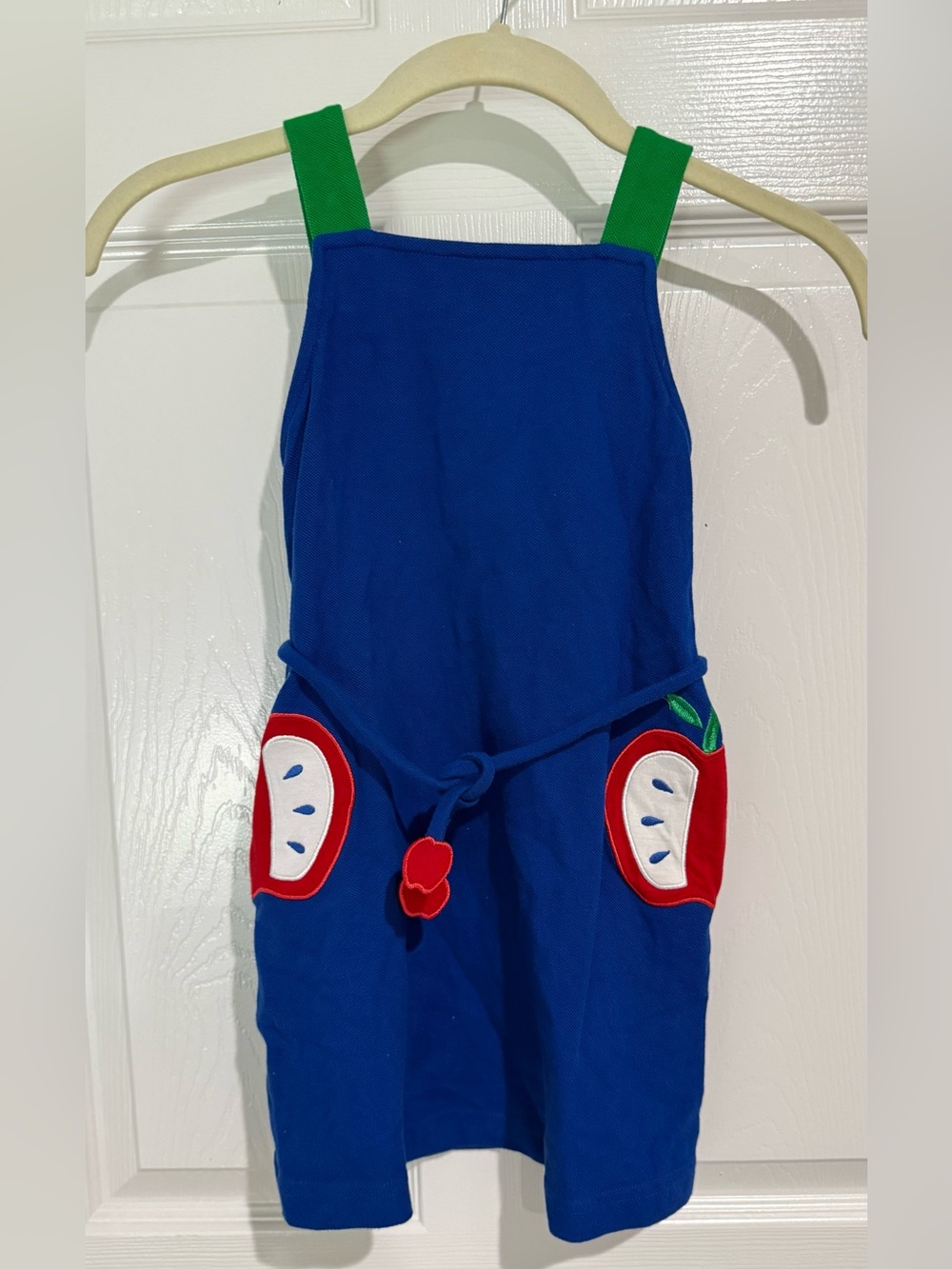Florence Eiseman Blue Dress with Green Straps and Red Apple Pockets